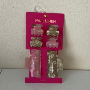 Pink Linen Hair Clip Set - Pink and Gold